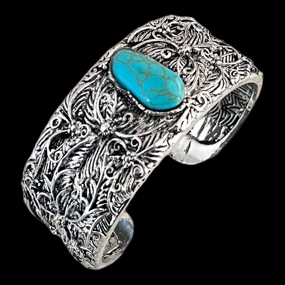 New Novadab Silver Tone Bracelet Ornate Design Turquoise Stone - BB1